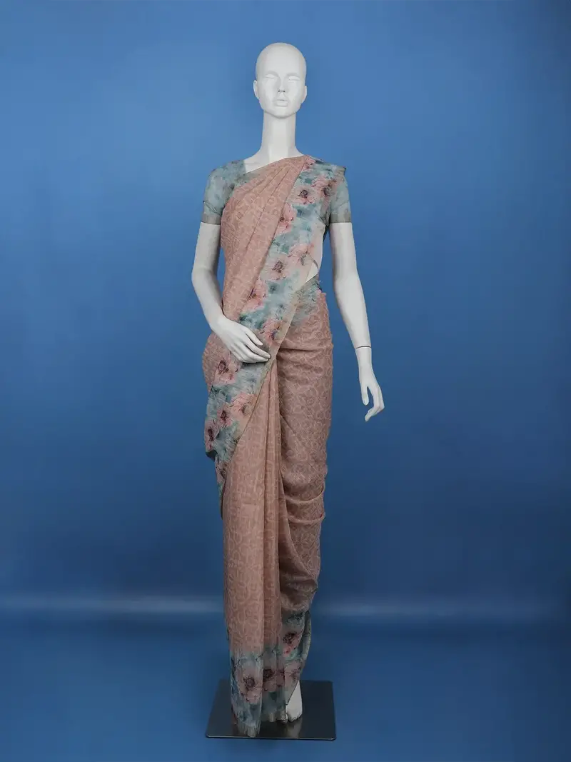 Muted Peach Floral Design Tussar Silk Saree 1