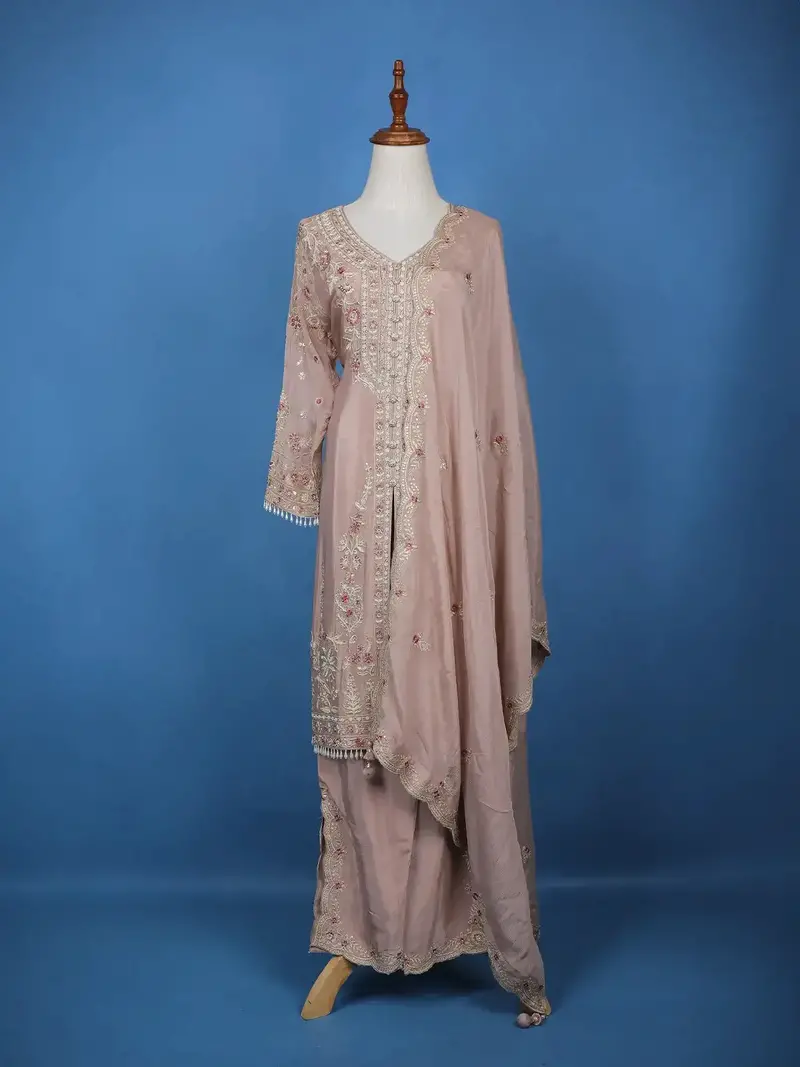 Muted Pink Floral Motif Emroidery Georgette Salwar Suit 1