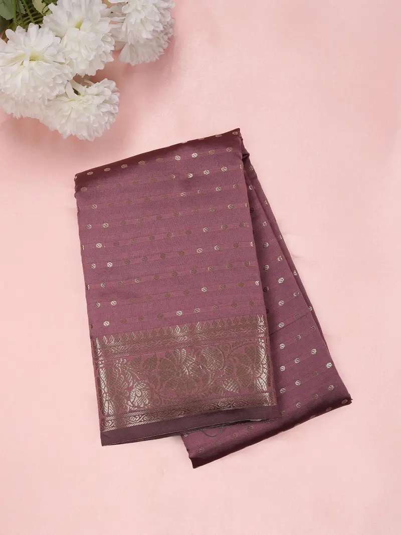 Muted Plum Wine Purple Butta Zari Woven Design Semi Silk Saree With Floral Border 1