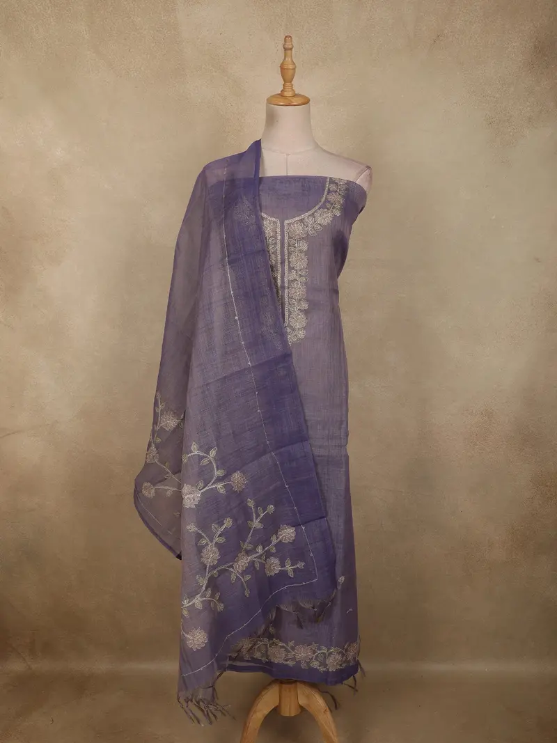 Muted Purple Floral Embroidered Design Tissue Unstitched Salwar Material With Dupatta 1