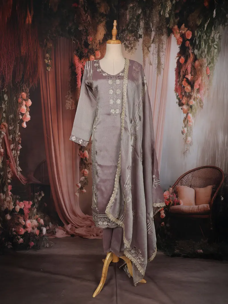 Muted Purple Floral Embroidered Tissue Organza Salwar Suit With Dupatta 1