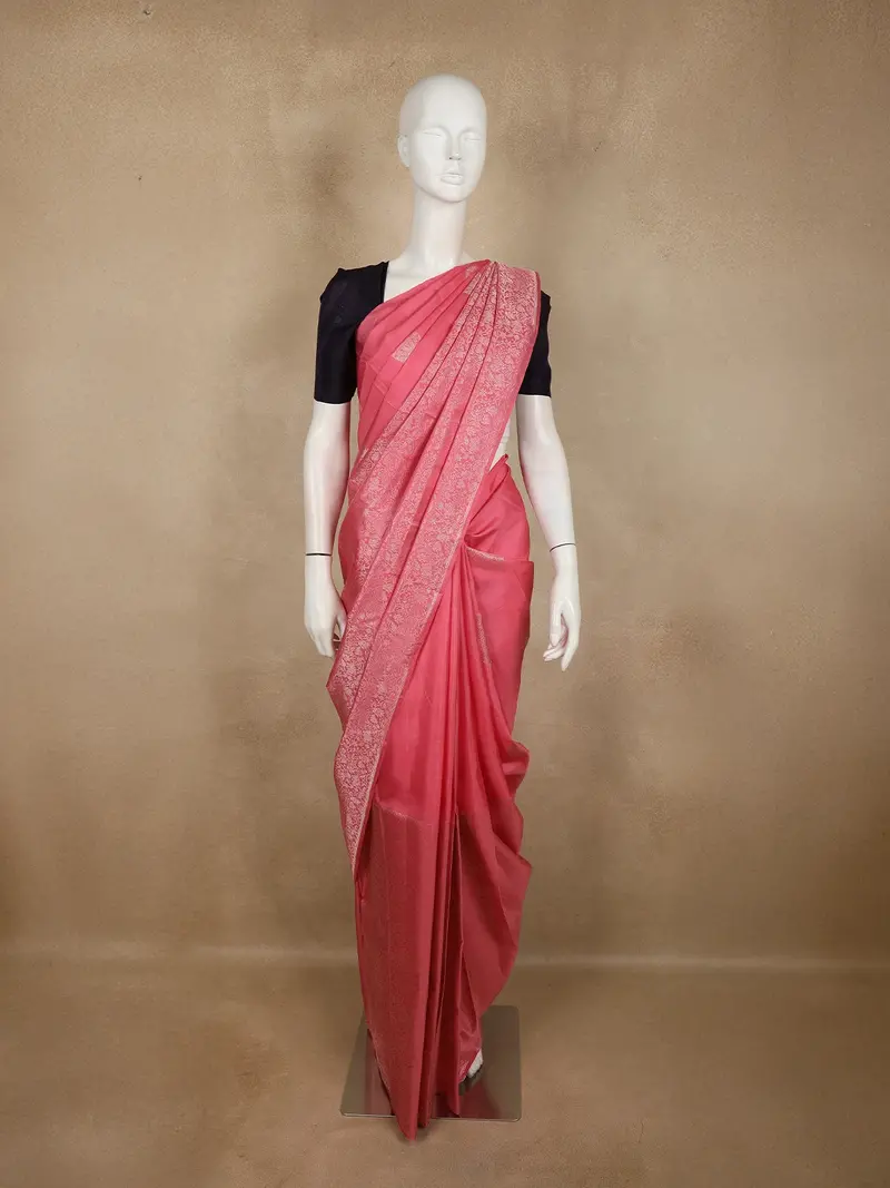 Muted Rose Pink Floral Butta Zari Woven Design Pure Kanchipuram Silk Saree With Floral Border 1
