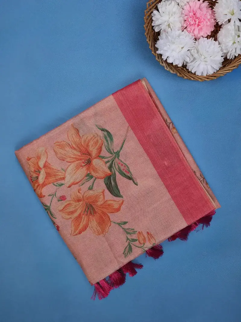 Muted Rose Pink Floral Design Semi Tissue Saree 1