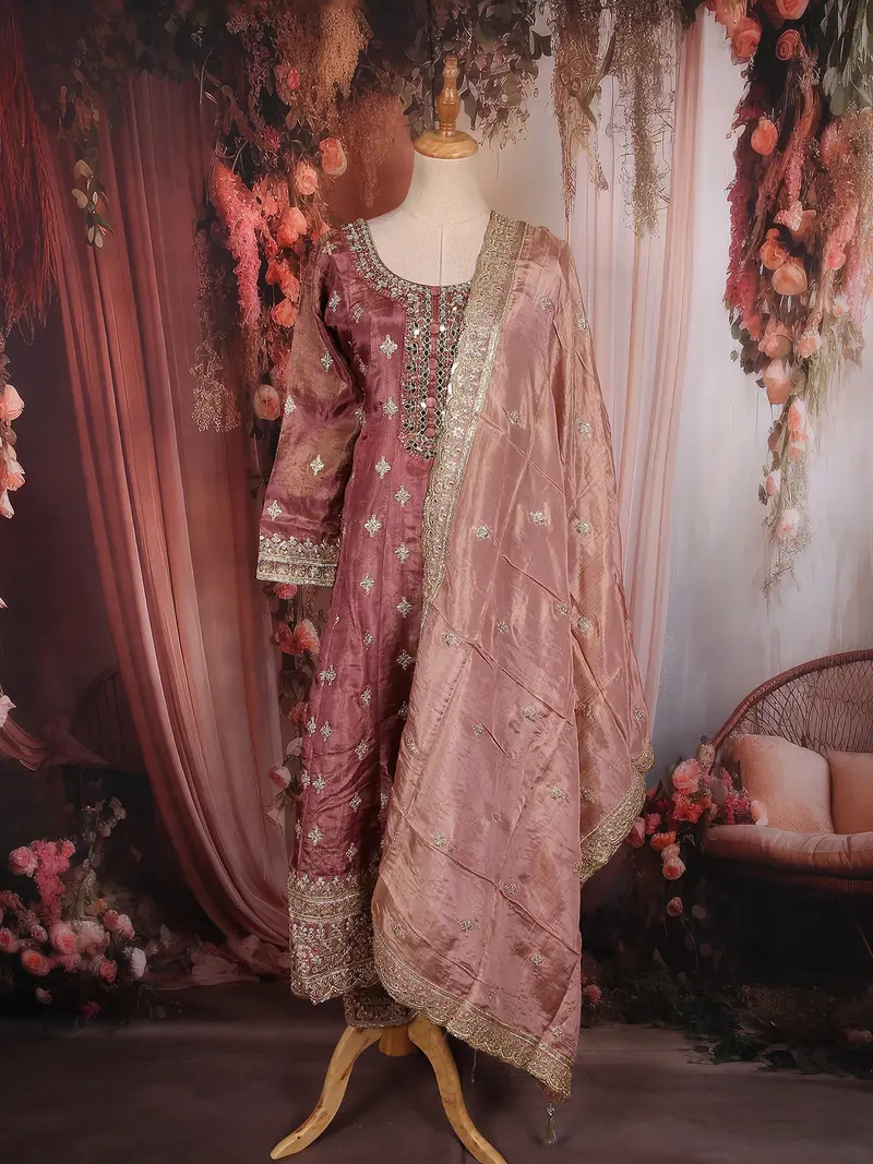 Muted Rosewood Pink Floral Zari And Mirror Embroidered Design Tissue Organza Salwar Suit 1