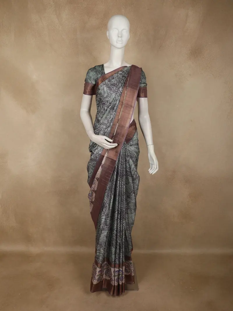 Muted Sage Green Abstract Printed Design Semi Tussar Saree 1