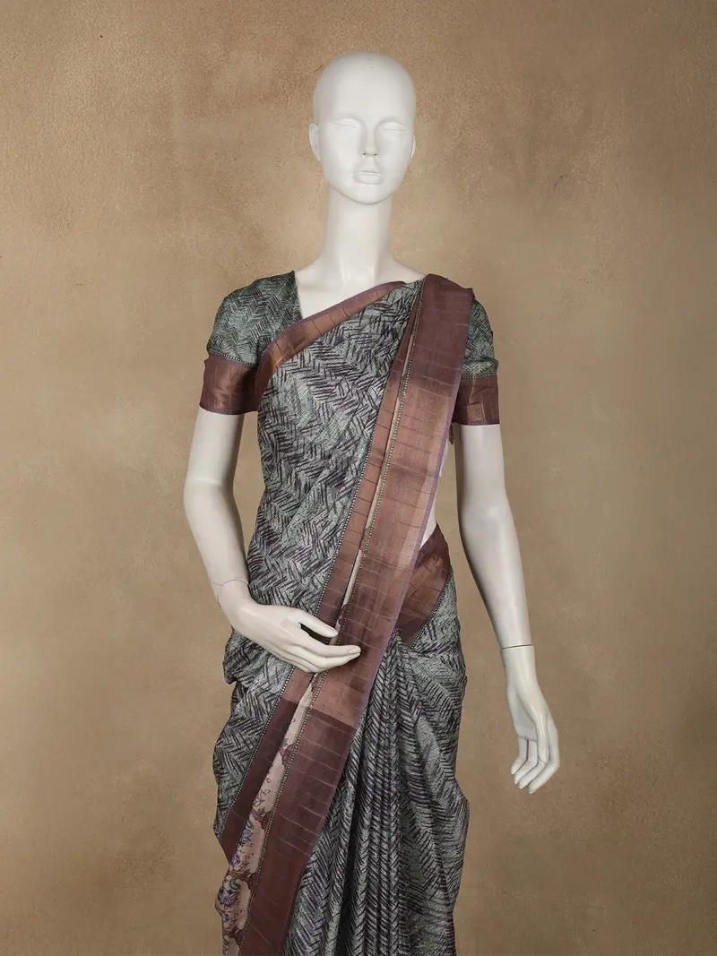 Muted Sage Green Abstract Printed Design Semi Tussar Saree 2