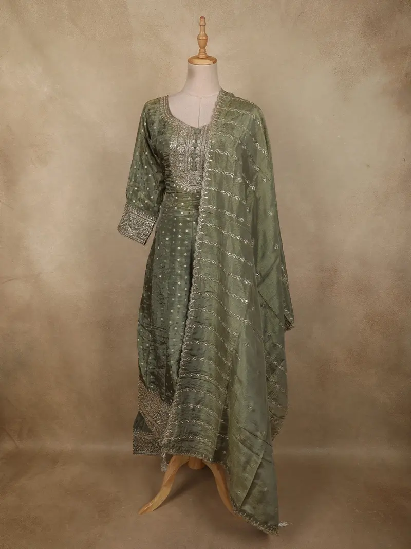 Muted Sage Green Butta Zari Woven Design Tissue Silk Palazzo Suit With Dupatta 1
