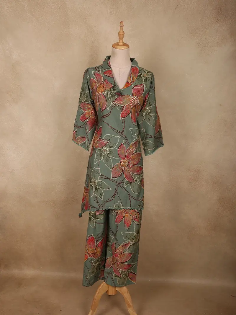 Muted Sage Green Floral Printed Design Cotton Co-Ord Set 1