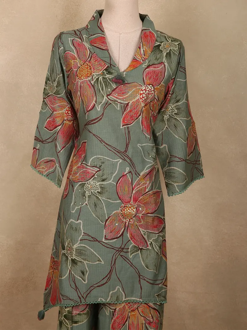Muted Sage Green Floral Printed Design Cotton Co-Ord Set 2