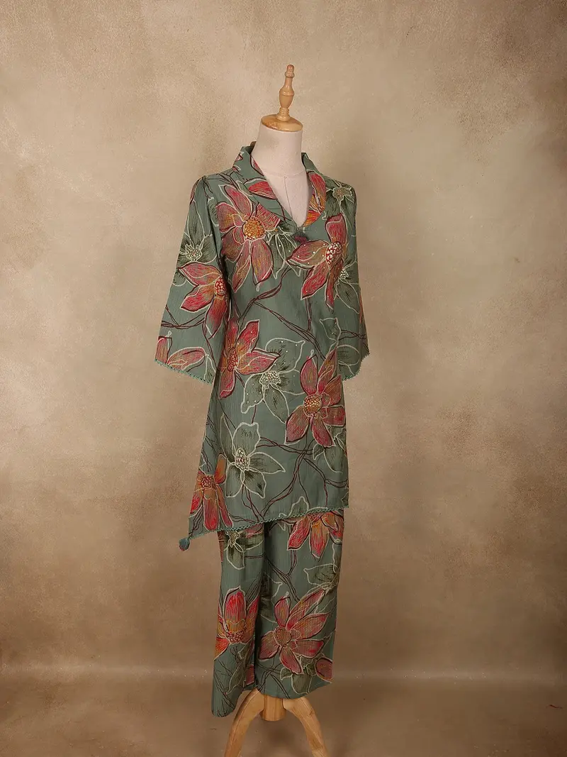 Muted Sage Green Floral Printed Design Cotton Co-Ord Set 3