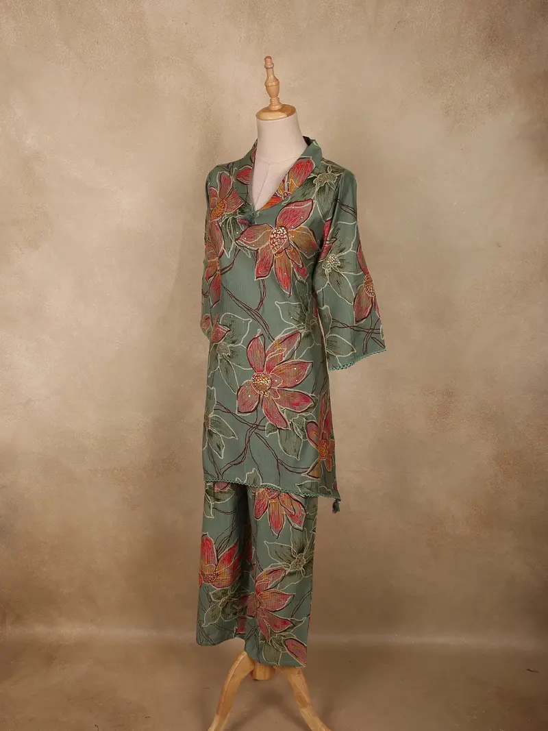 Muted Sage Green Floral Printed Design Cotton Co-Ord Set 4