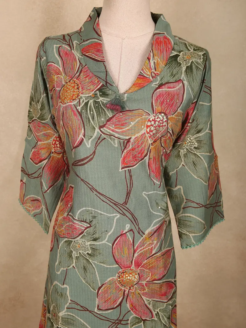 Muted Sage Green Floral Printed Design Cotton Co-Ord Set 5