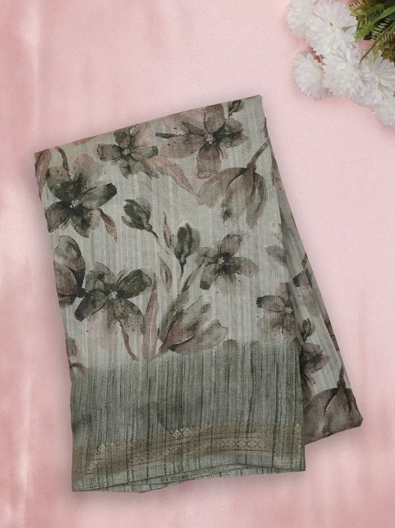 Muted Sage Olive Green Floral Printed Design Mixed Cotton Saree 1