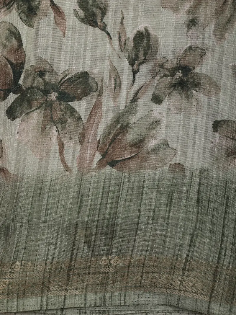 Muted Sage Olive Green Floral Printed Design Mixed Cotton Saree 2