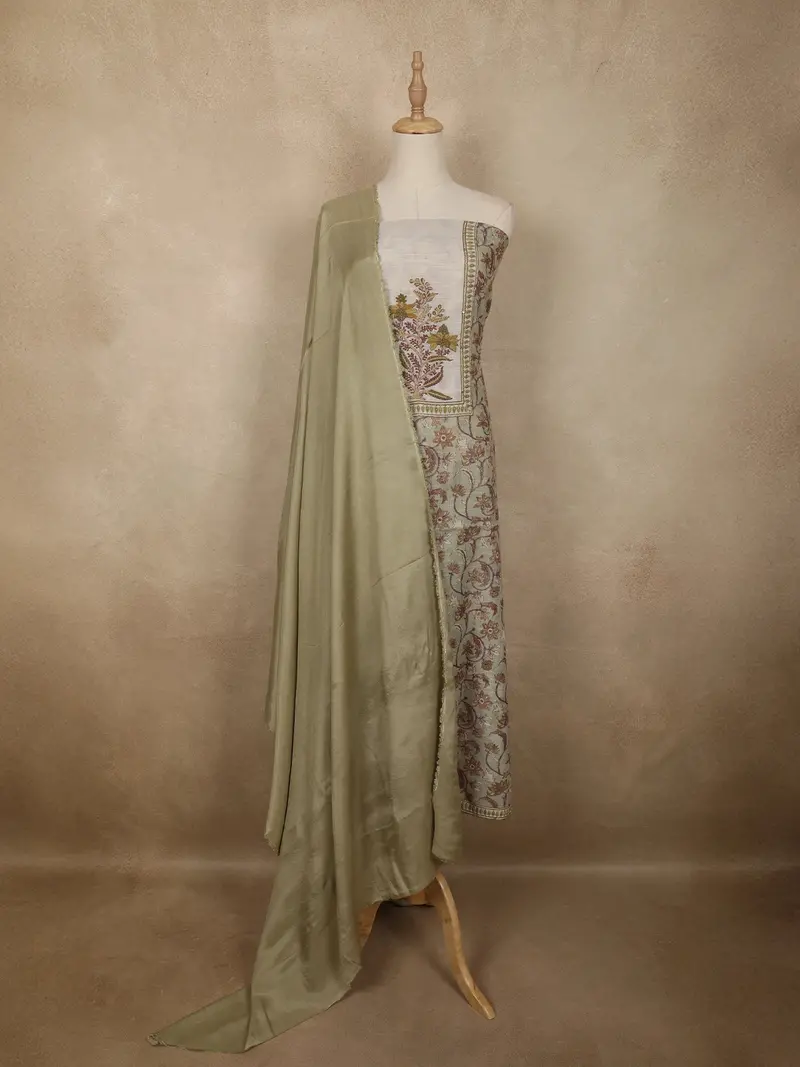 Muted Sage Olive Green Floral Thread Embroidered Design Cotton Unstitched Salwar Material 1