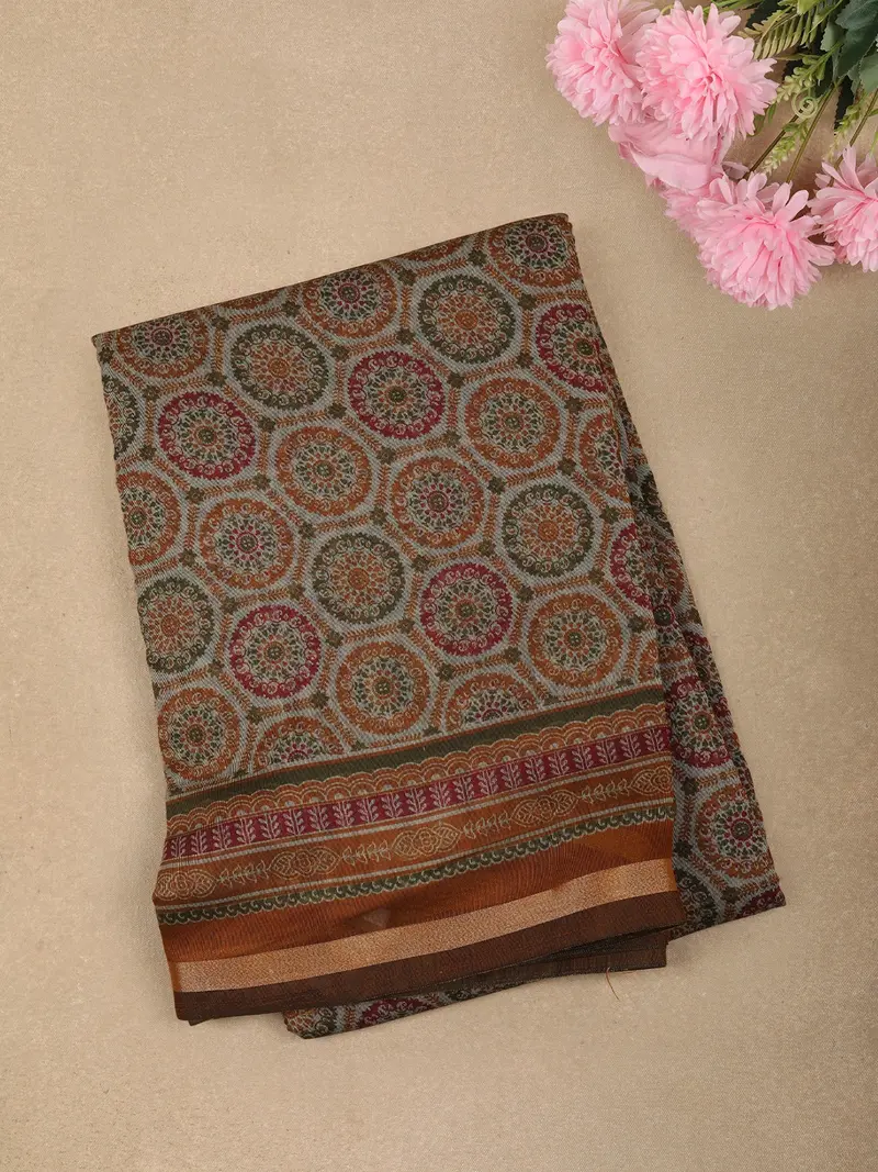 Muted Sand Beige Geometric Printed Design Chanderi Cotton Saree With Zari Border 1