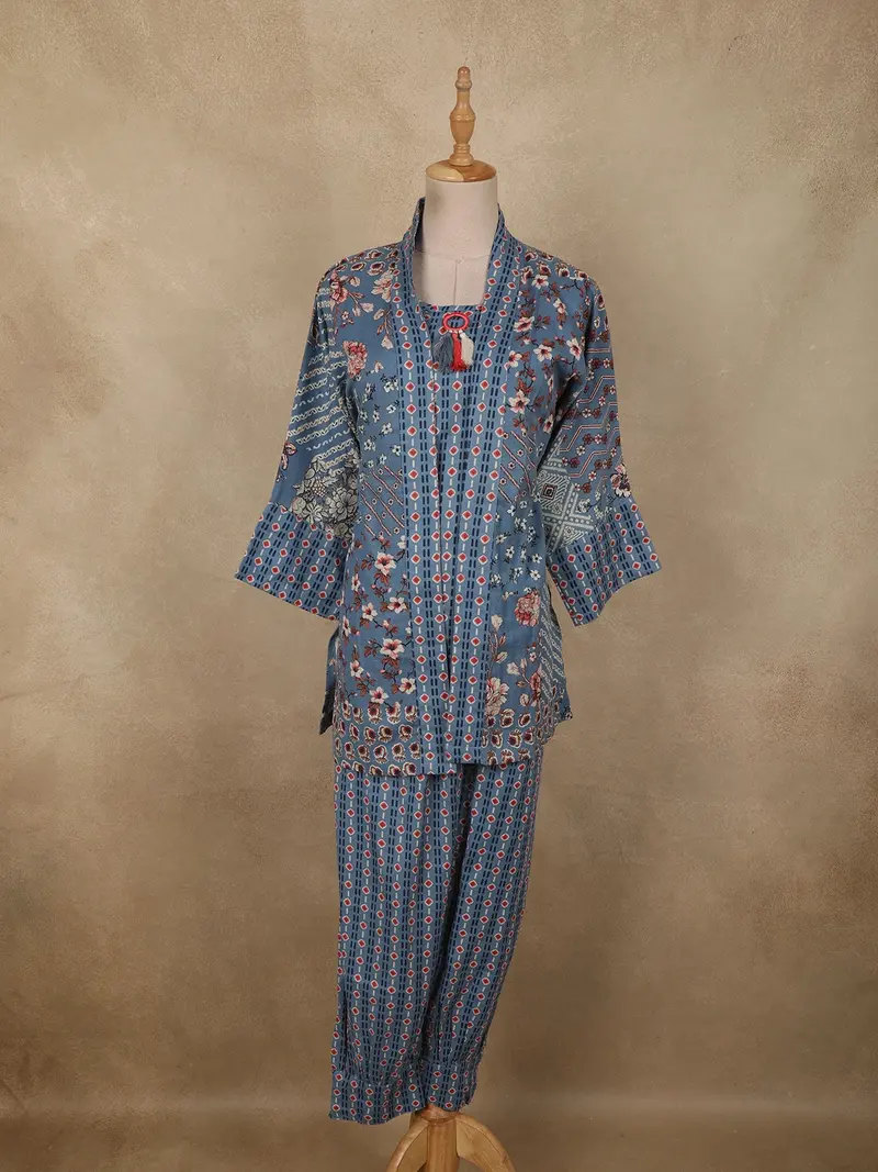 Muted Steel Blue Floral Printed Design Cotton Co Ord Salwar Suit 1