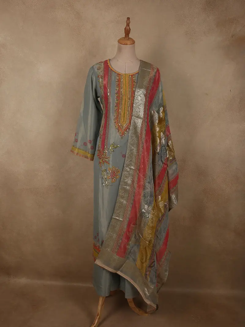Muted Steel Blue Floral Sequins And Beads Embroidered Design Tissue Silk Palazzo Suit With Dupatta 1