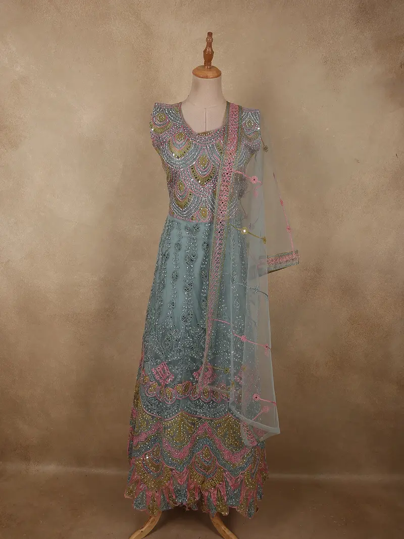 Muted Steel Blue Floral Sequins Embroidered Design Net Gown With Dupatta 1