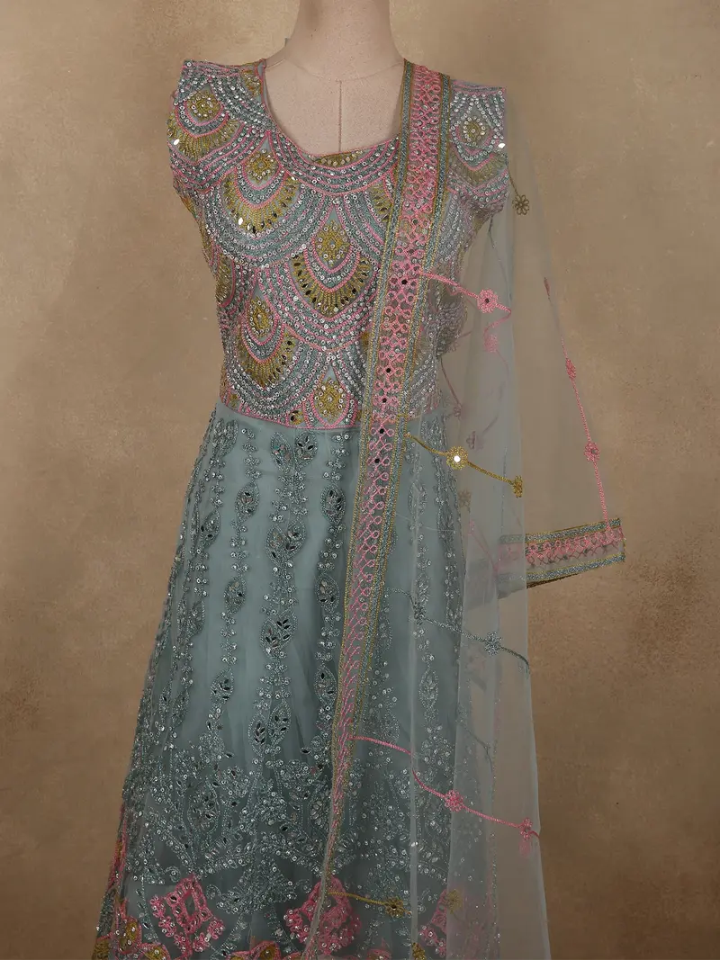 Muted Steel Blue Floral Sequins Embroidered Design Net Gown With Dupatta 2
