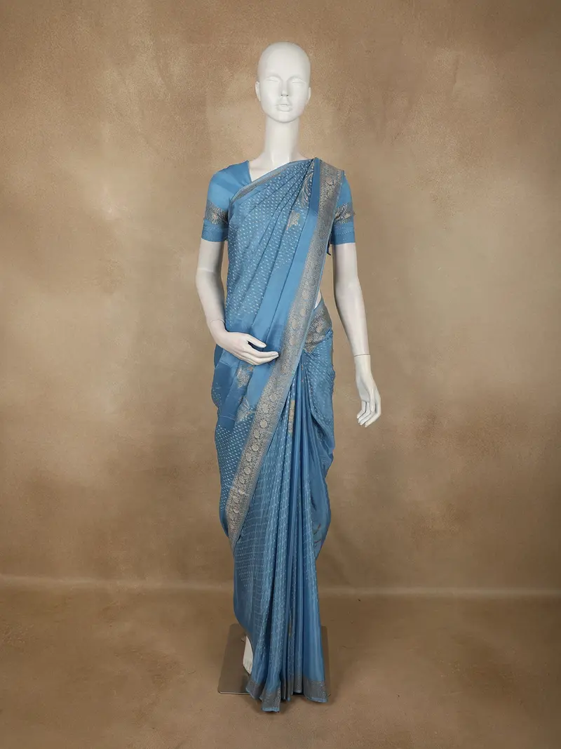 Muted Steel Blue Floral Zari Woven Design Banarasi Saree 1