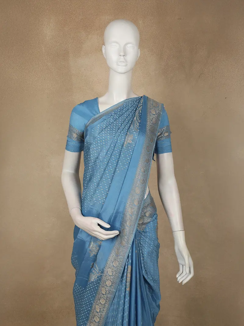 Muted Steel Blue Floral Zari Woven Design Banarasi Saree 2