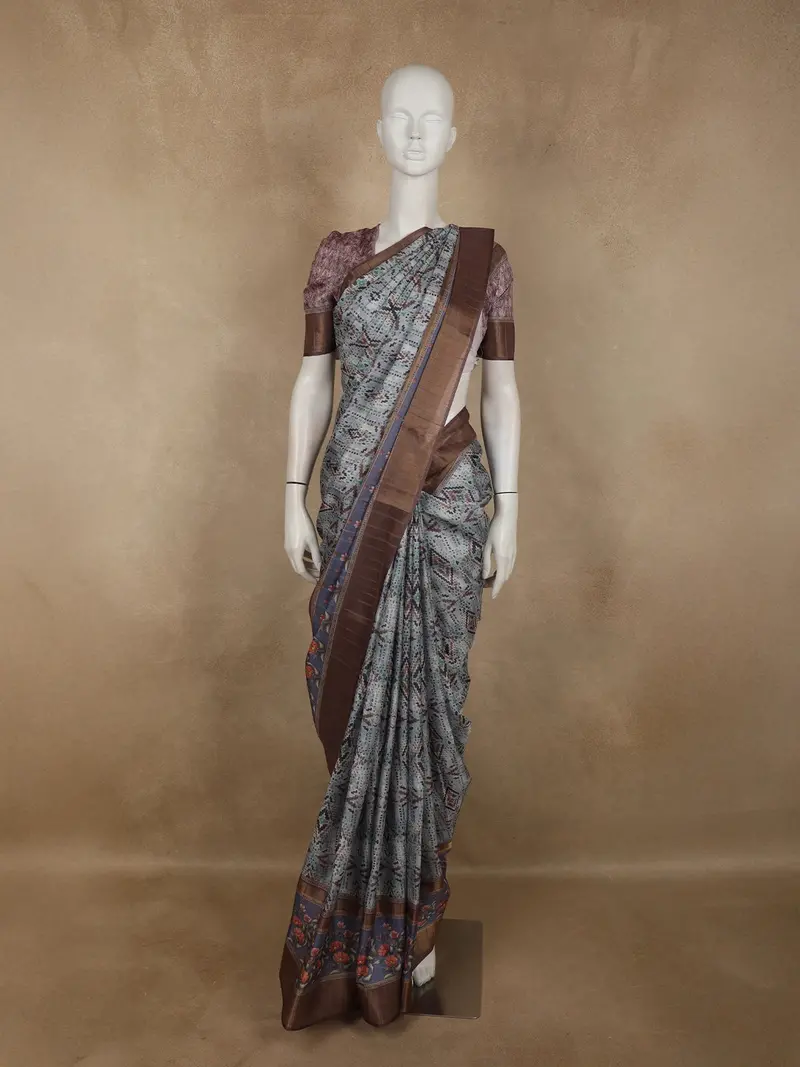 Muted Steel Blue Grey Abstract Printed Design Semi Tussar Saree 1