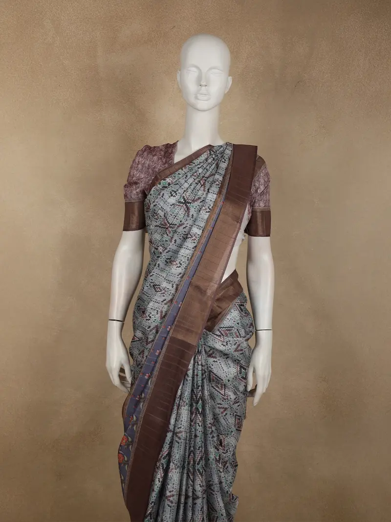 Muted Steel Blue Grey Abstract Printed Design Semi Tussar Saree 2