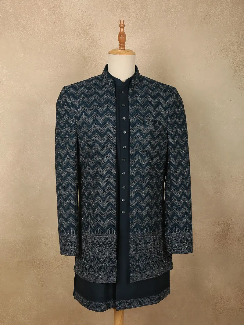 Muted Teal Blue Abstract Zari Embroidered Design Georgette Men's Sherwani Suit 1