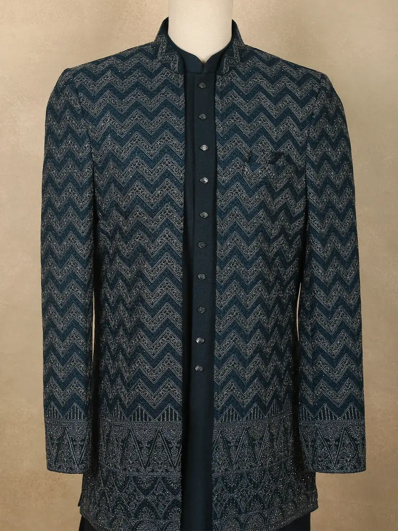 Muted Teal Blue Abstract Zari Embroidered Design Georgette Men's Sherwani Suit 2