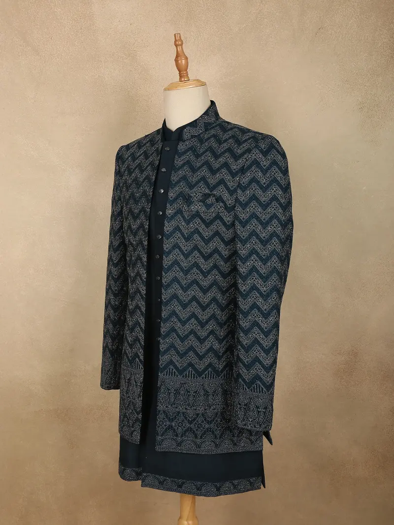 Muted Teal Blue Abstract Zari Embroidered Design Georgette Men's Sherwani Suit 3