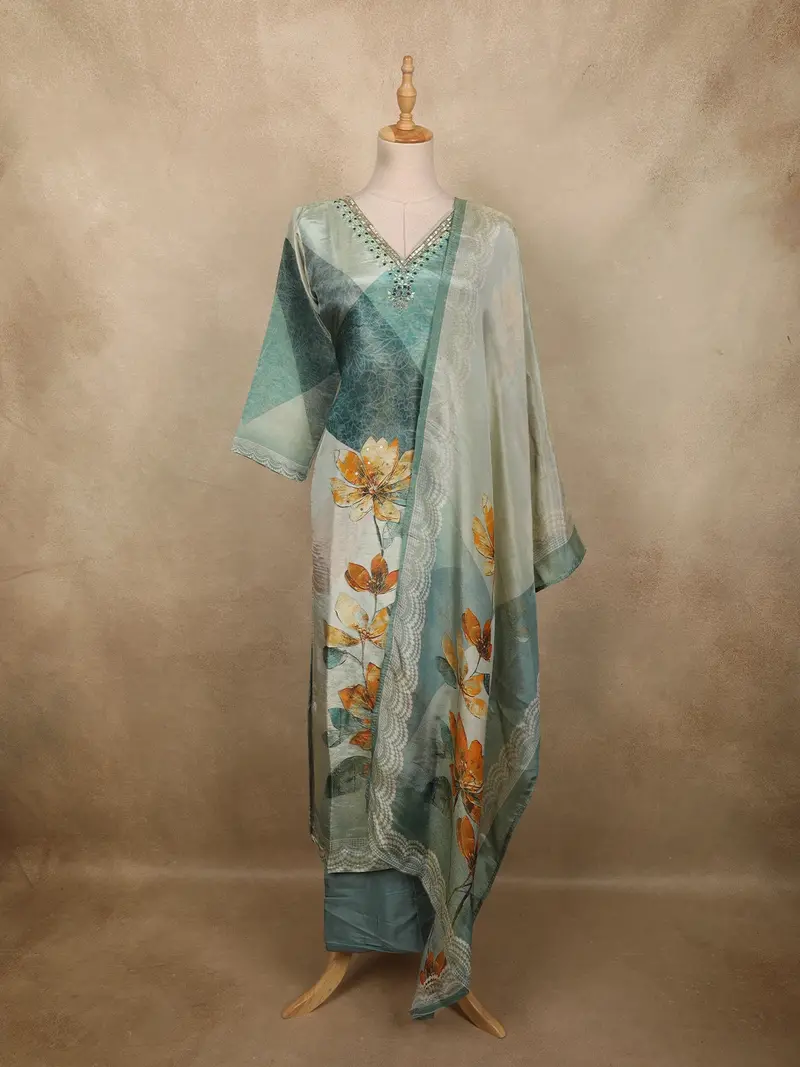 Muted Teal Blue Floral Printed Design Cotton Salwar Suit With Dupatta 1