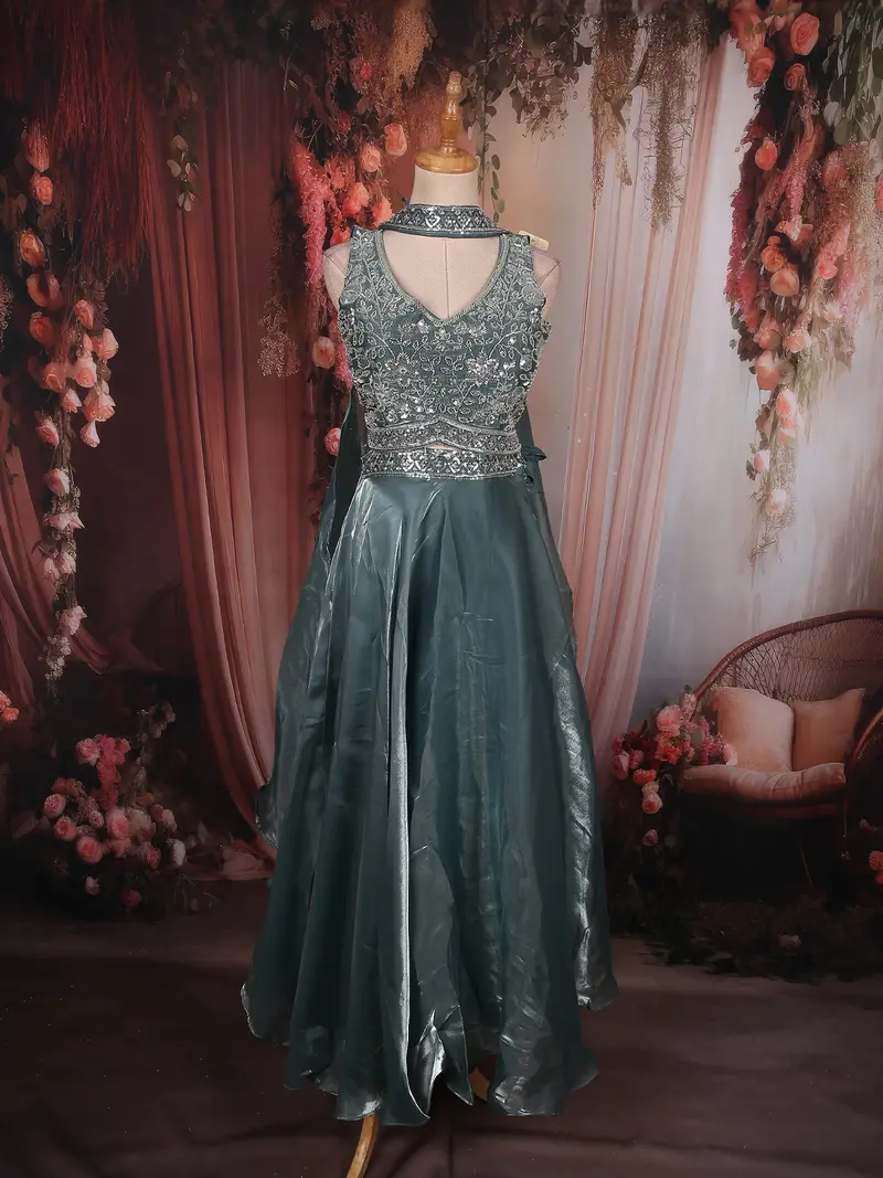 Muted Teal Blue Heavy Sequins And Beads Embroidered Design Organza Lehenga 1