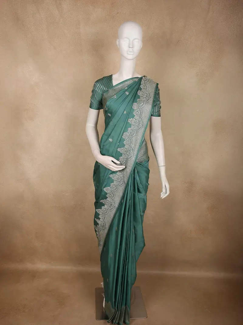 Muted Teal Green Floral Butta Zari Woven Design Semi Banarasi Saree With Zari Border 1