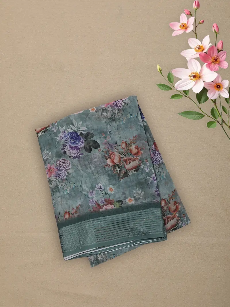 Muted Teal Green Floral Printed Chiffon Saree With Self Woven Border 1