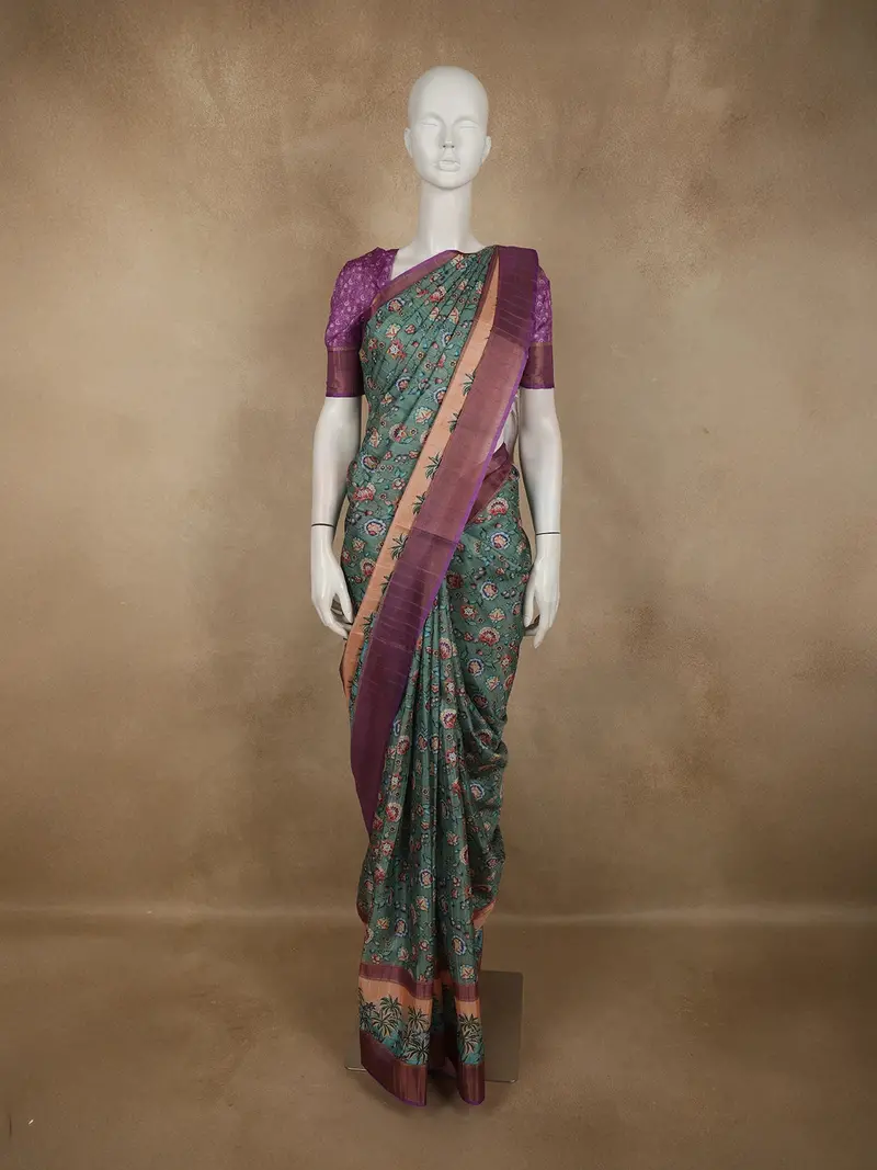 Muted Teal Green Floral Printed Design Semi Tussar Saree 1
