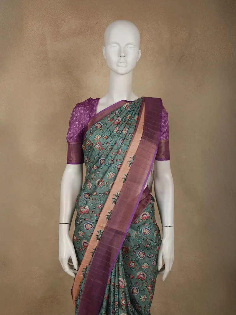 Muted Teal Green Floral Printed Design Semi Tussar Saree 2