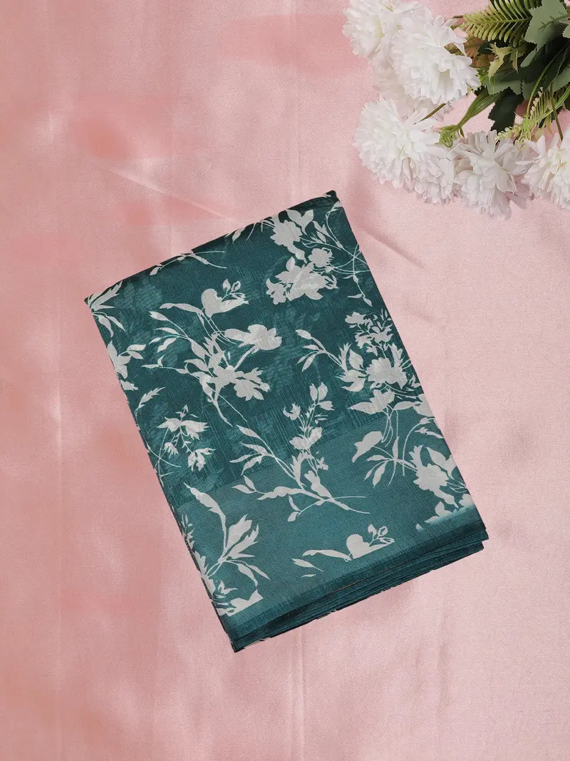Muted Teal Green Leaf Printed Design Mixed Cotton Saree 1