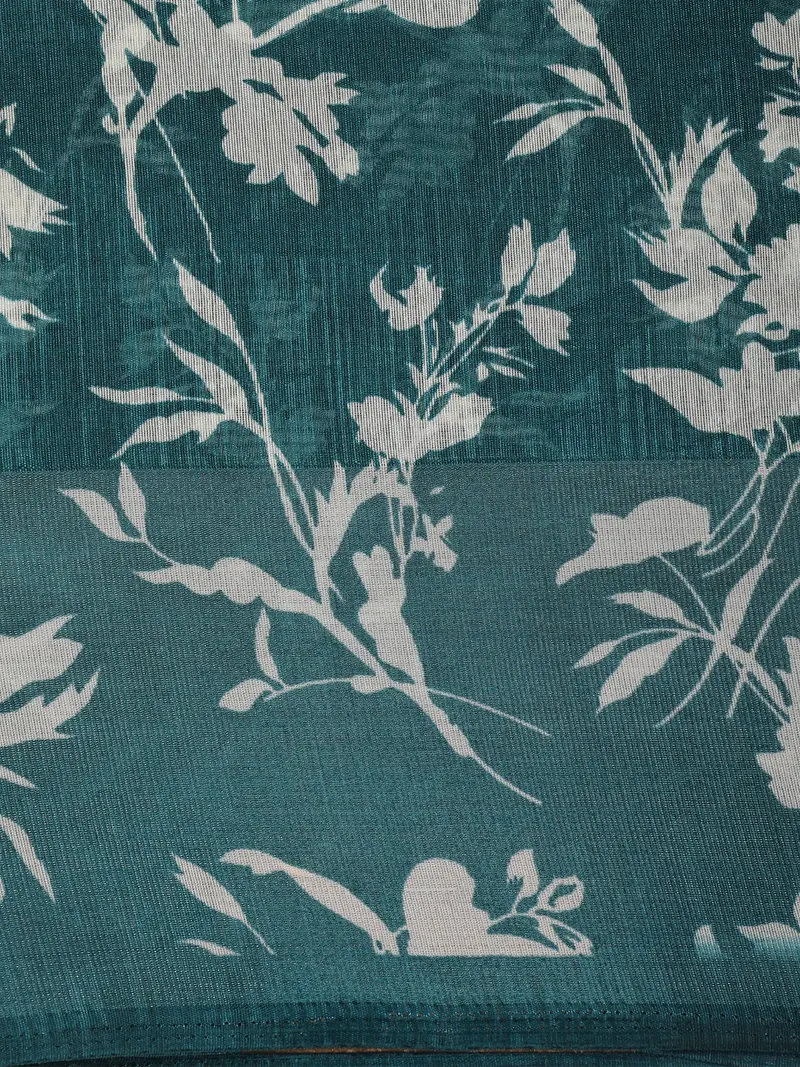 Muted Teal Green Leaf Printed Design Mixed Cotton Saree 2