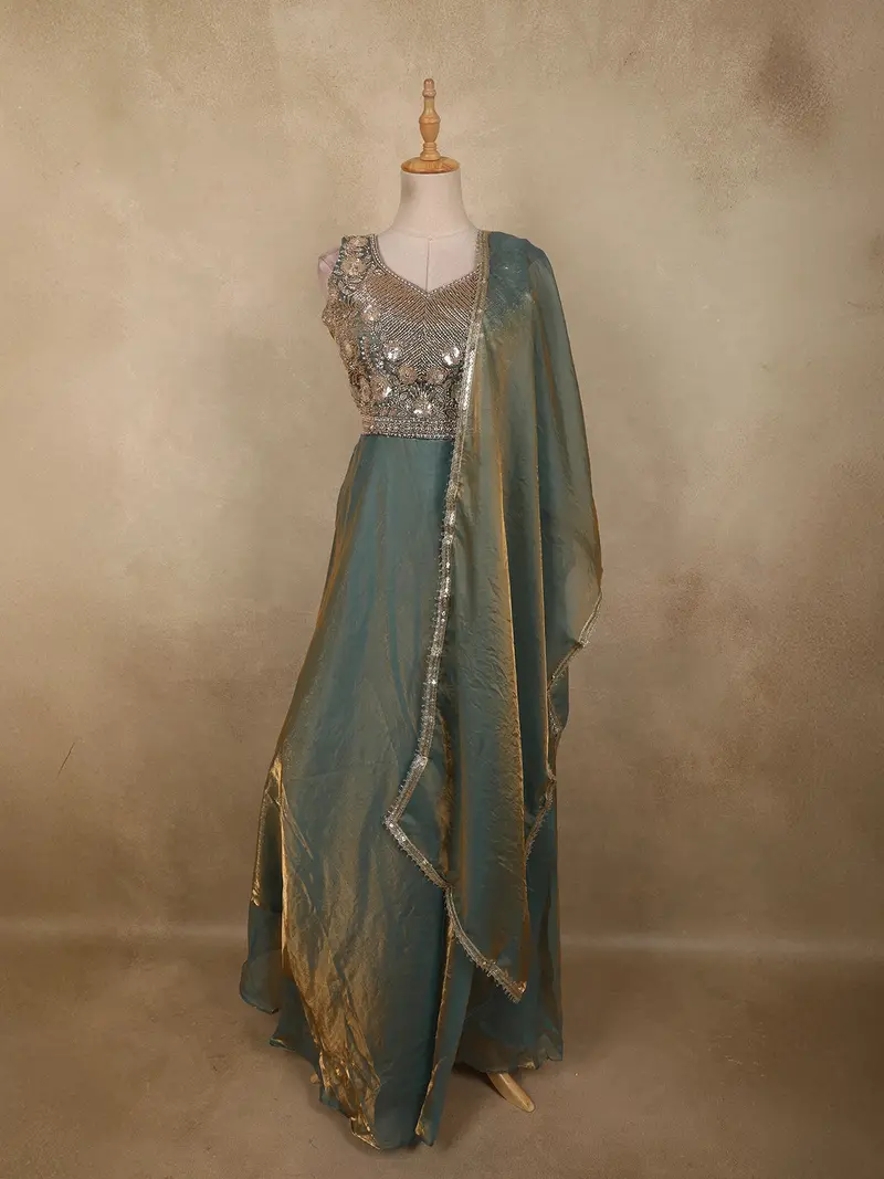 Muted Teal Green Sequins And Zardozi Embroidered Design Organza Gown With Dupatta 1