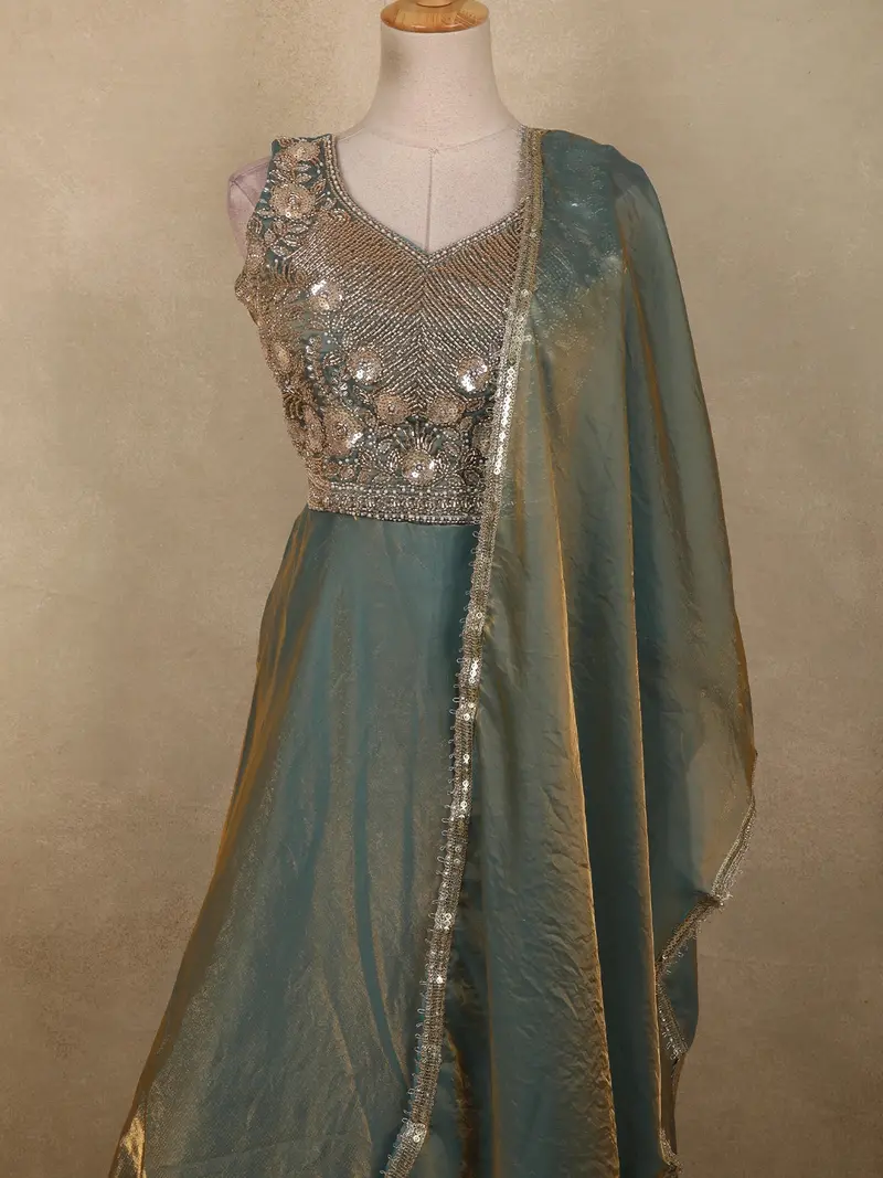 Muted Teal Green Sequins And Zardozi Embroidered Design Organza Gown With Dupatta 2