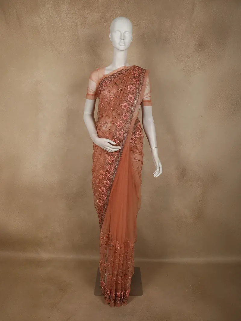 Muted Terracotta Peach Floral Embroidered Design Net Designer Saree 1