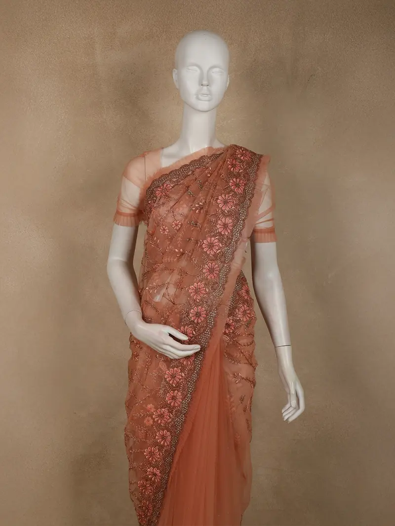 Muted Terracotta Peach Floral Embroidered Design Net Designer Saree 2