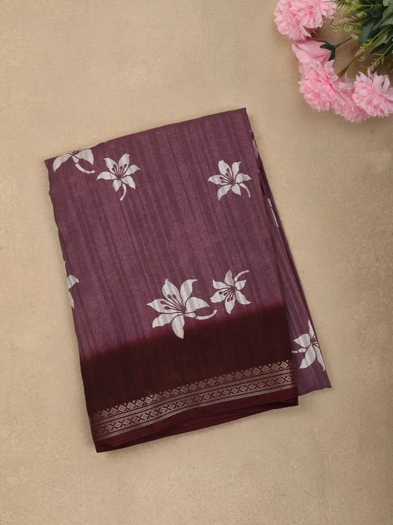 Muted Wine Purple Floral Butta Printed Design Mixed Cotton Casual Wear Saree With Contrast Zari Border 1
