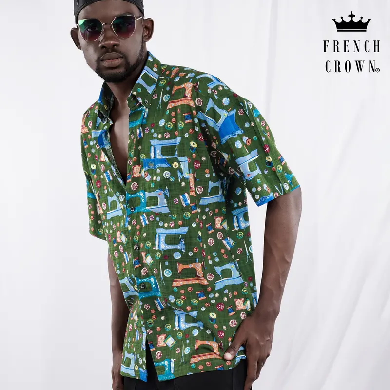 Myrtle Green And Lochmara Blue Printed Lightweight Oversized Premium Cotton Shirt 1