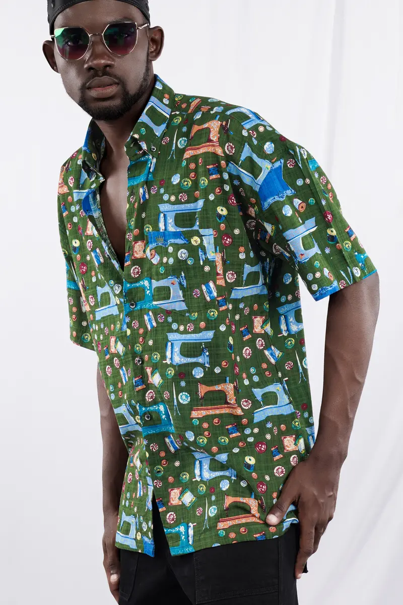 Myrtle Green And Lochmara Blue Printed Lightweight Oversized Premium Cotton Shirt 8