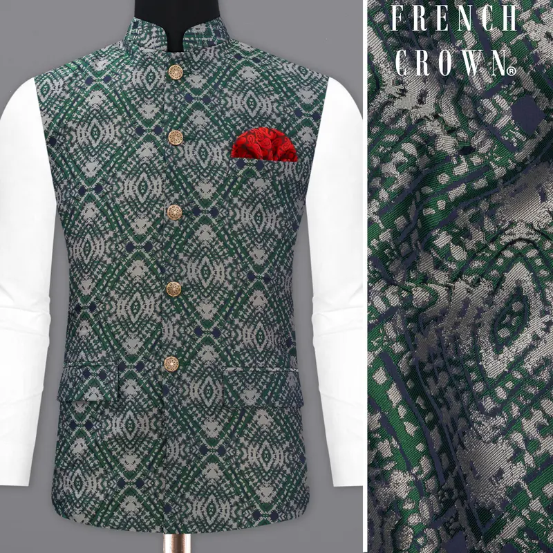 Myrtle Green With Chateau Gray Tie Dye Jacquard Designer Nehru Jacket 1