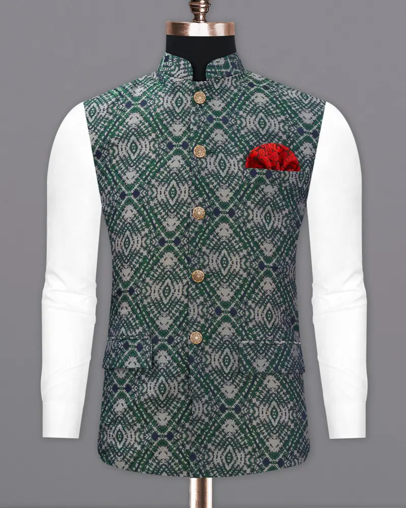 Myrtle Green With Chateau Gray Tie Dye Jacquard Designer Nehru Jacket 2