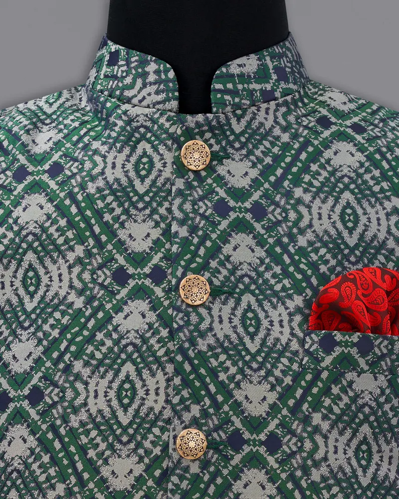 Myrtle Green With Chateau Gray Tie Dye Jacquard Designer Nehru Jacket 5