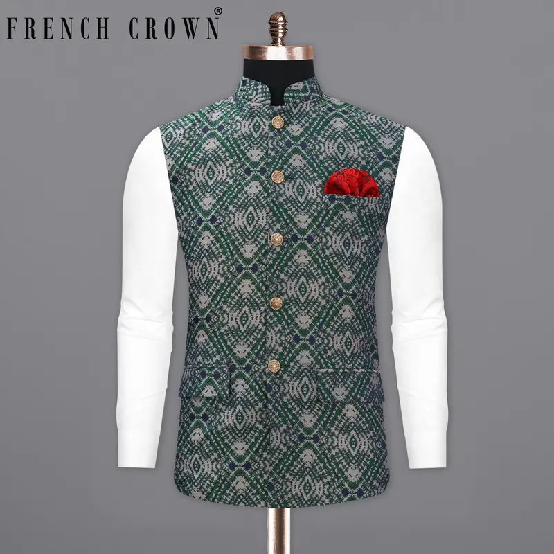 Myrtle Green With Chateau Gray Tie Dye Jacquard Designer Nehru Jacket 7